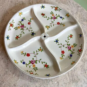 Vintage White Floral Round Four Section Divided Dish Plate Hand Painted‎ Japan